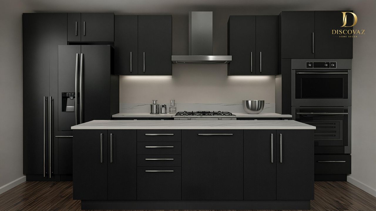 Kitchen with Black Appliances Modern Design Ideas